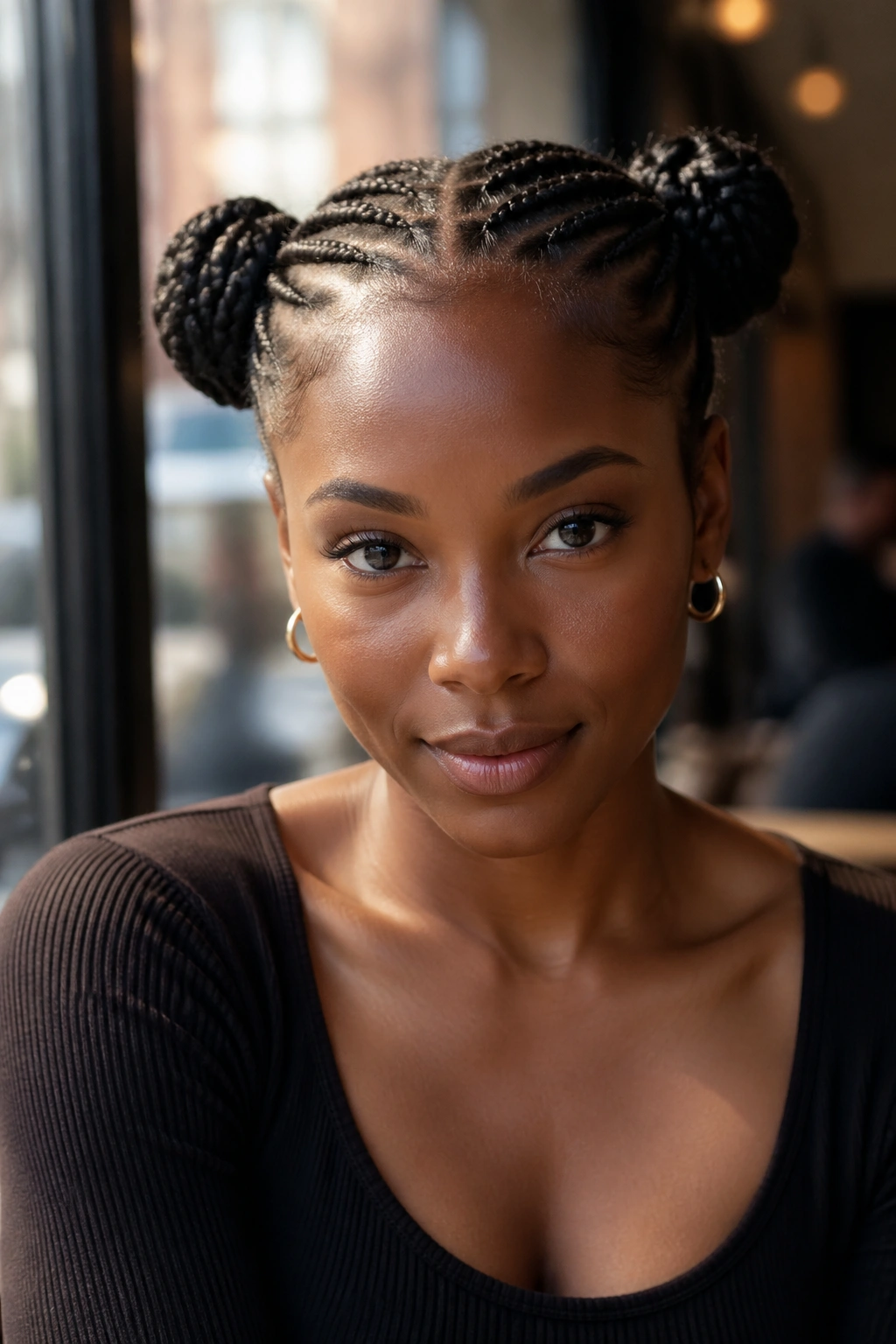 Close-up of a Black woman with two symmetric side buns created from cornrows