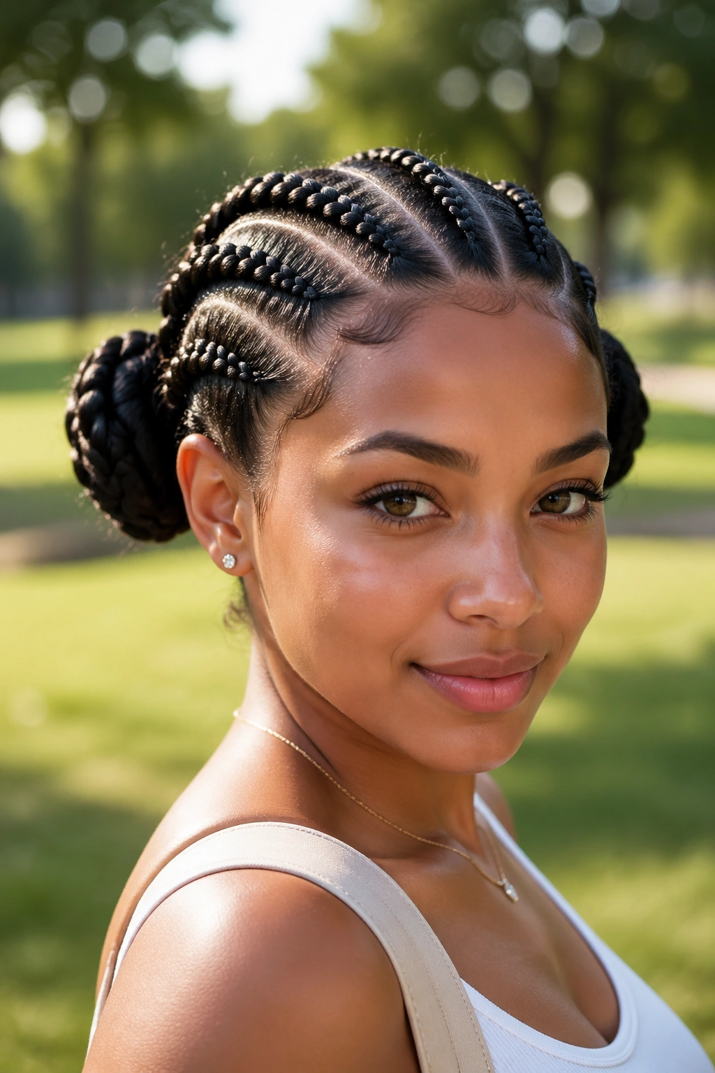 Real woman's head with eight cornrows into two side buns