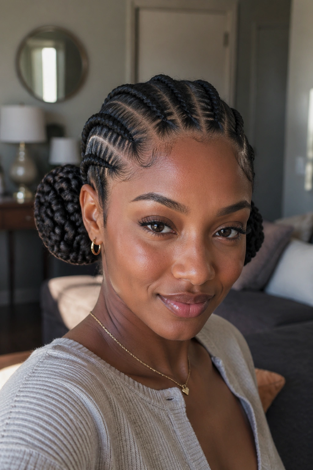 Close-up of a real person with cornrows forming two side buns