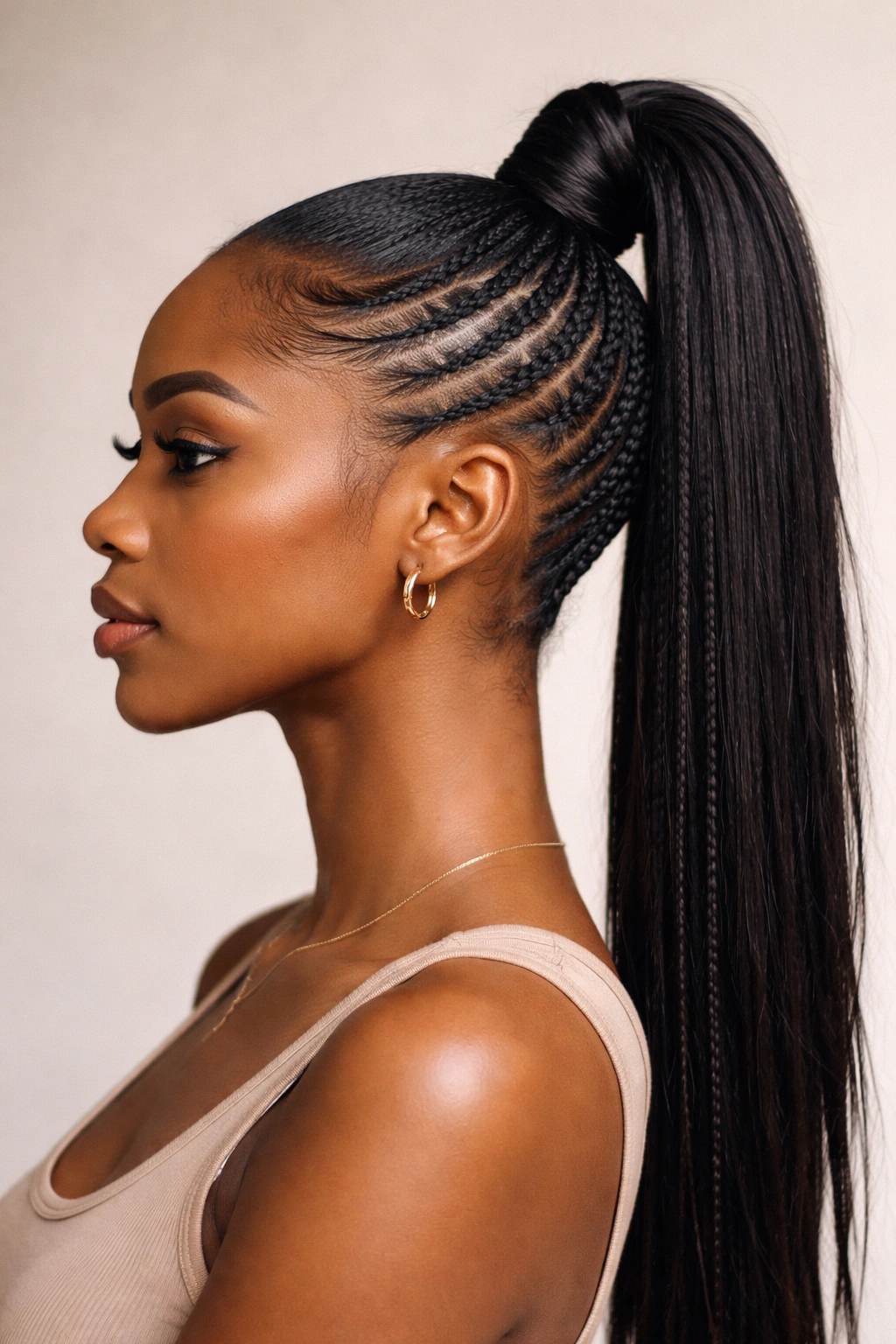 High ponytail with tight cornrows on the sides feeding into the pony.