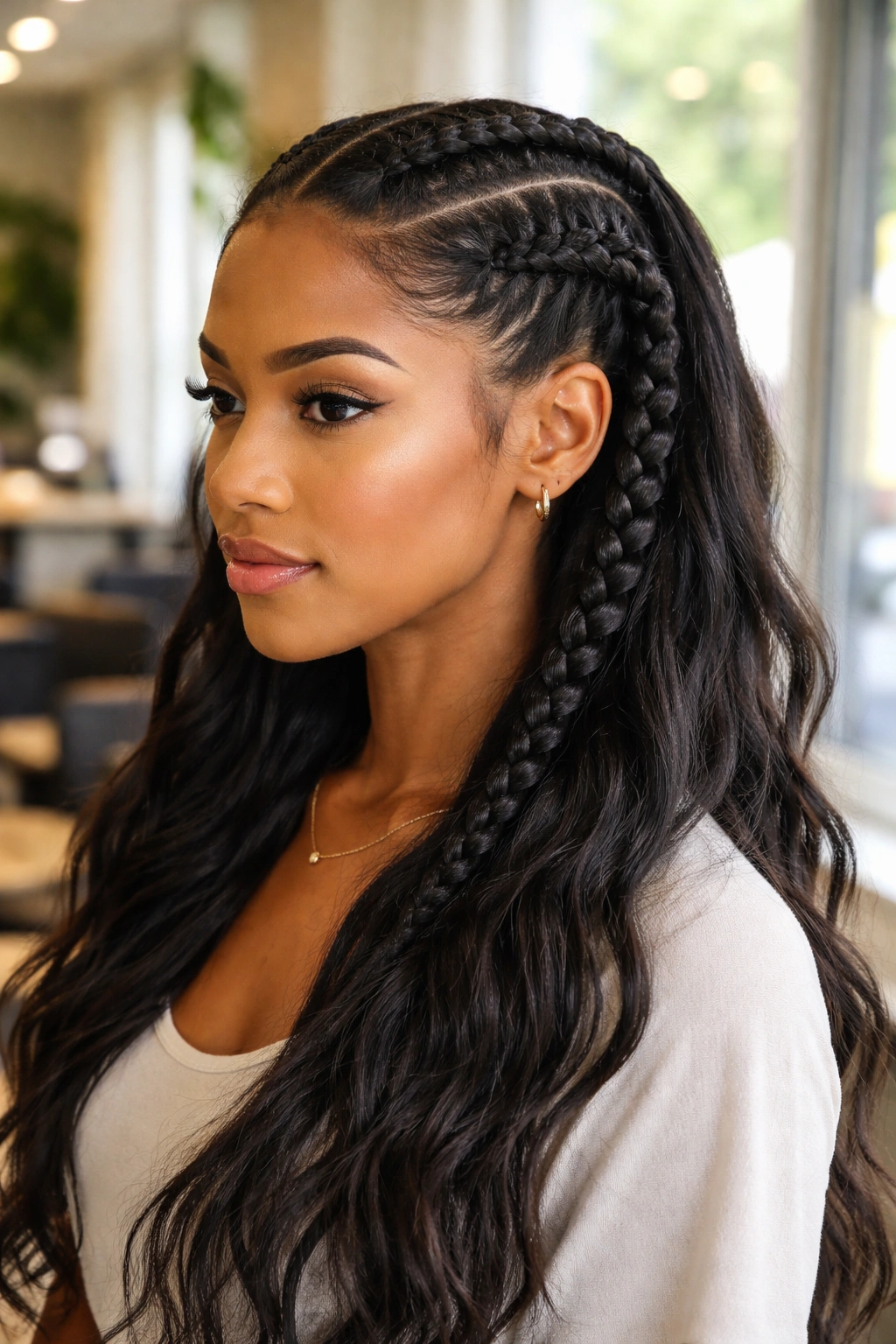 Real woman with two side cornrows and loose top hair.