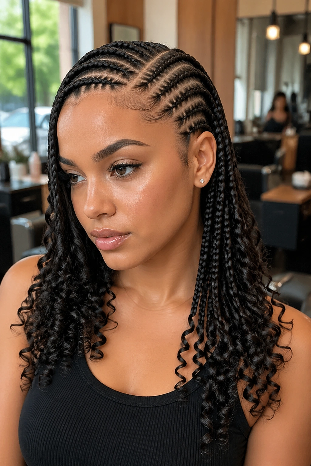 Close-up of a real person with side-parted cornrows and curling ends in a salon setting.
