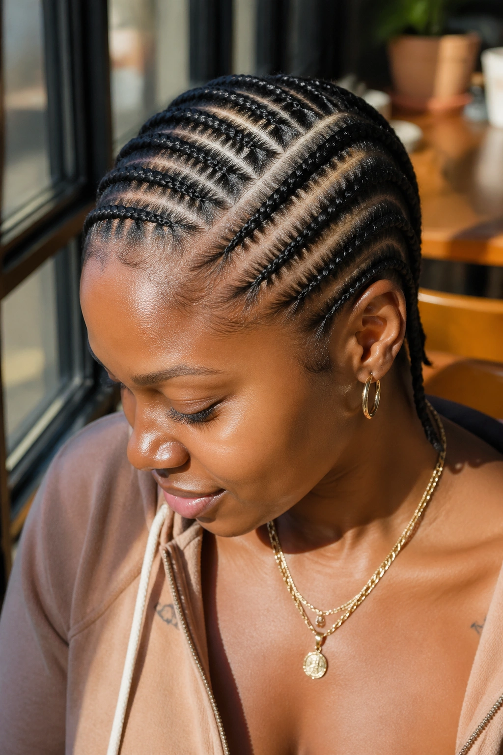 Portrait of a woman with a deep side-parted five-cornrow hairstyle