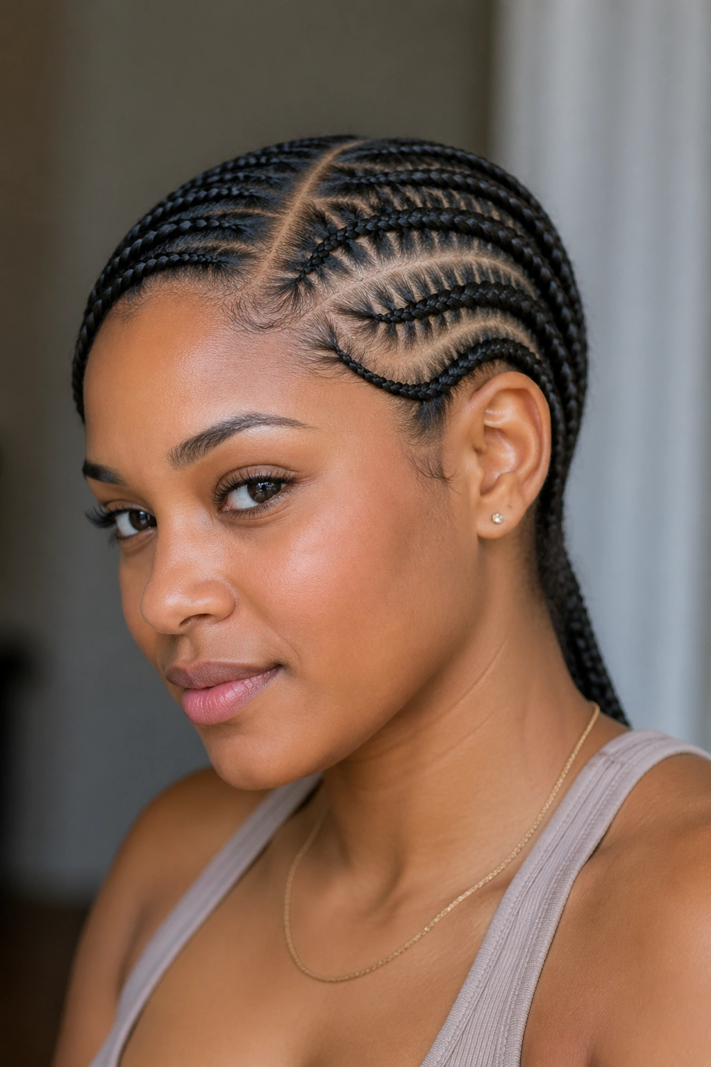 Close-up of a person with a deep swoop cornrow along the side part