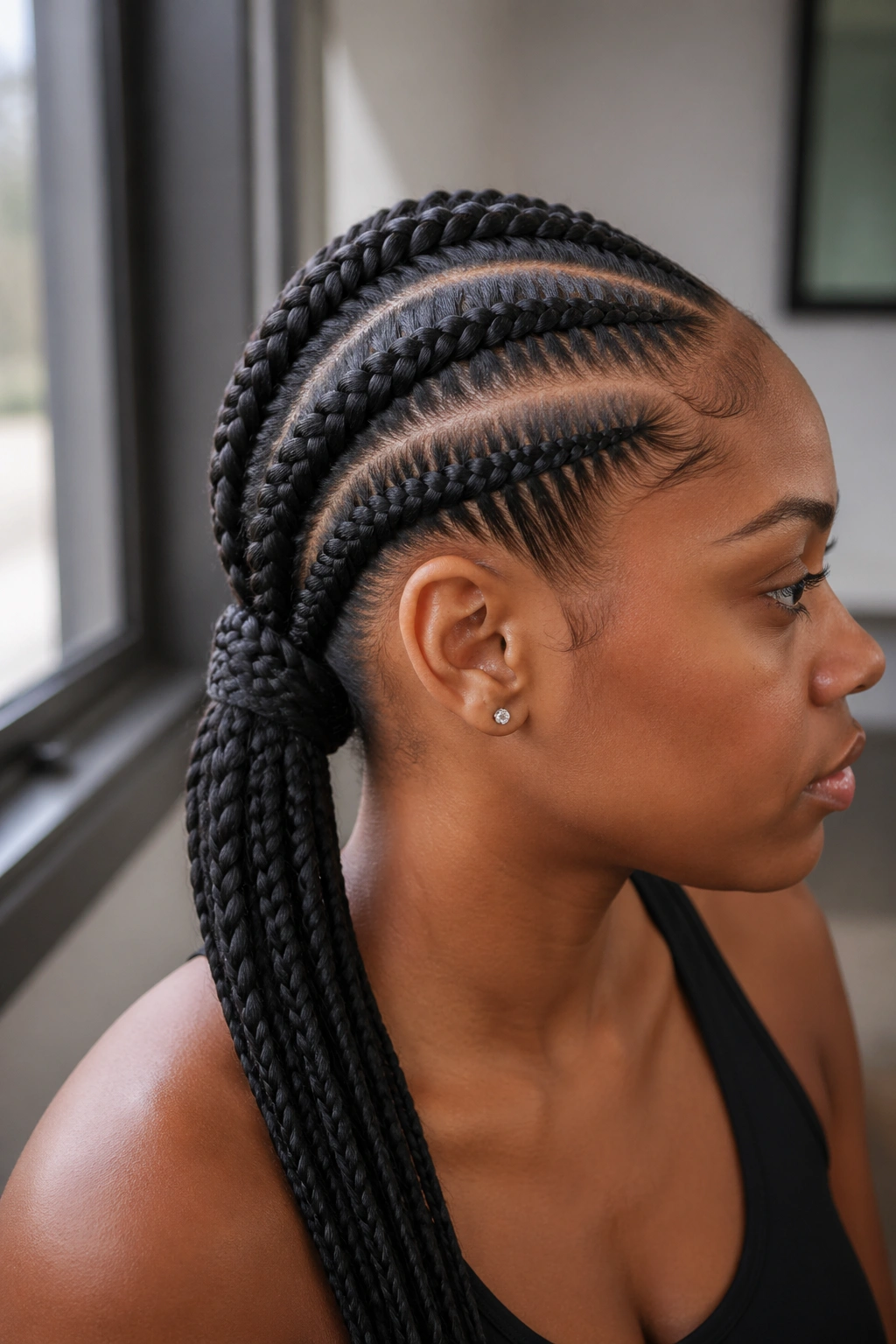 Close-up of a real person with three big cornrows and a side ponytail finish.
