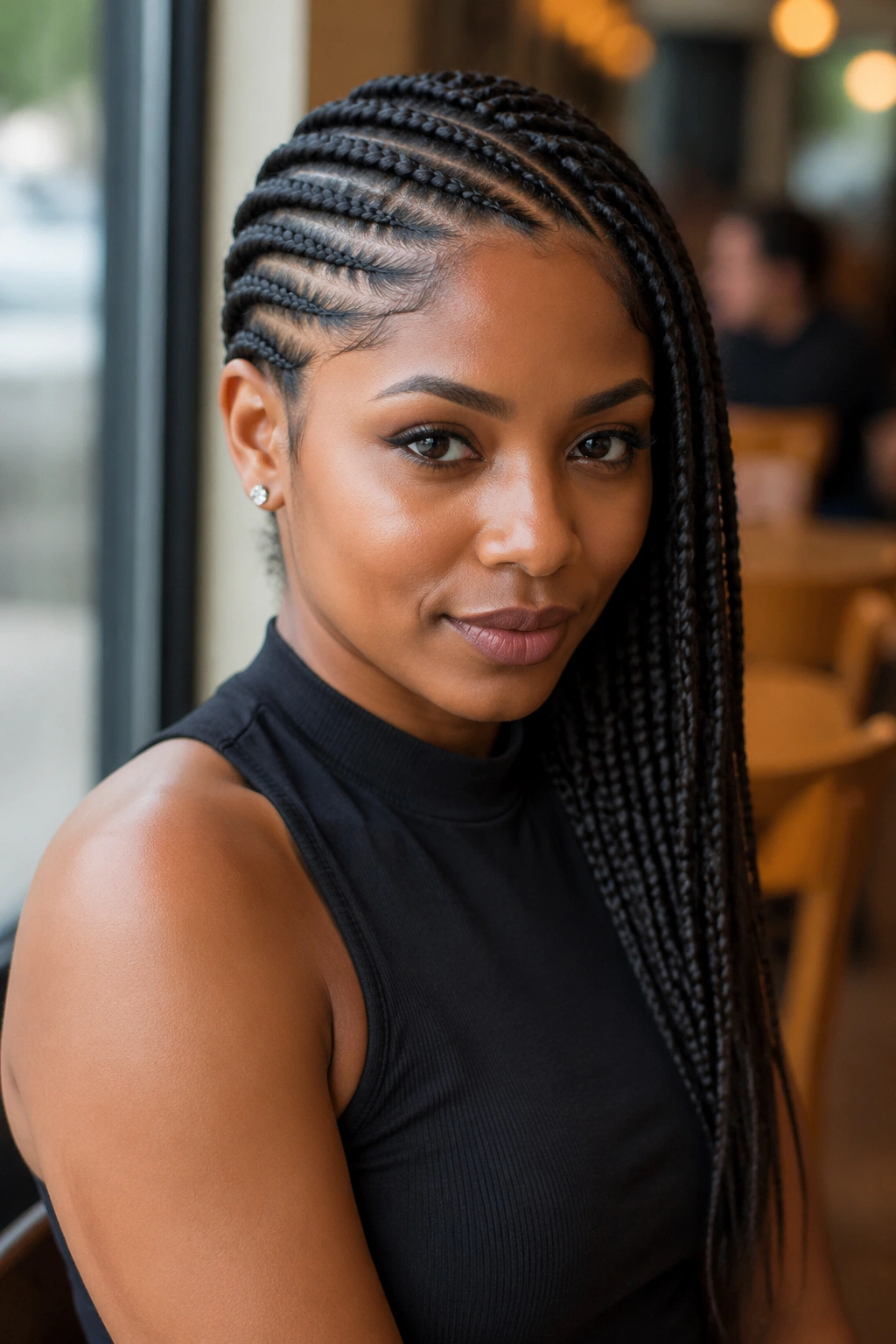 Real person with side-swept French cornrows draping over shoulder.