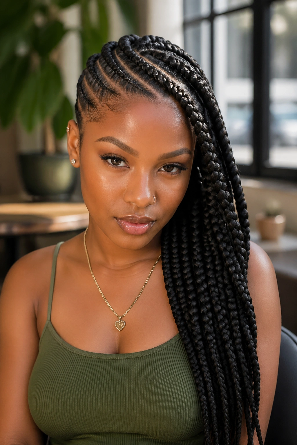 Close-up of a real person with thick side-swept cornrows