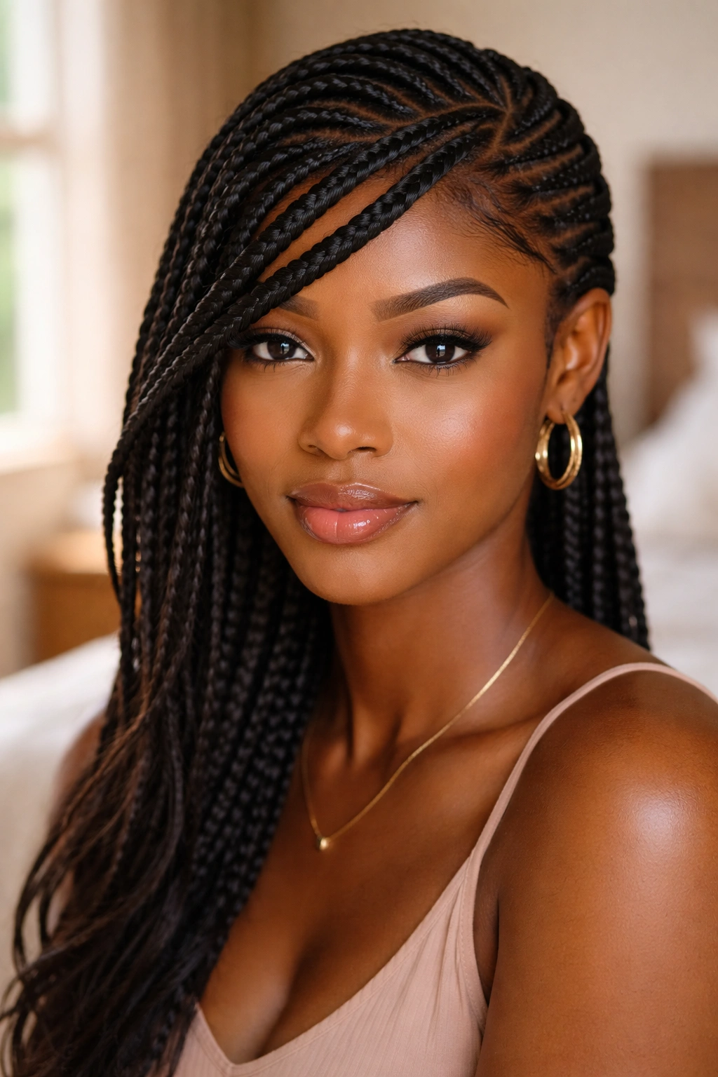 Close-up of real Black woman with cornrows and side-swept bangs