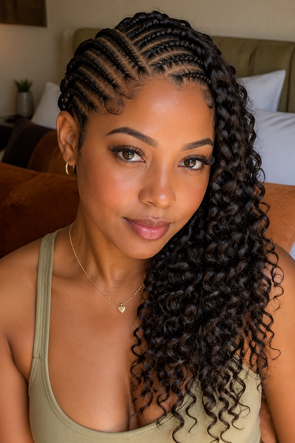 Close-up portrait of a real woman with cornrows and side-swept curls in a cozy bedroom.