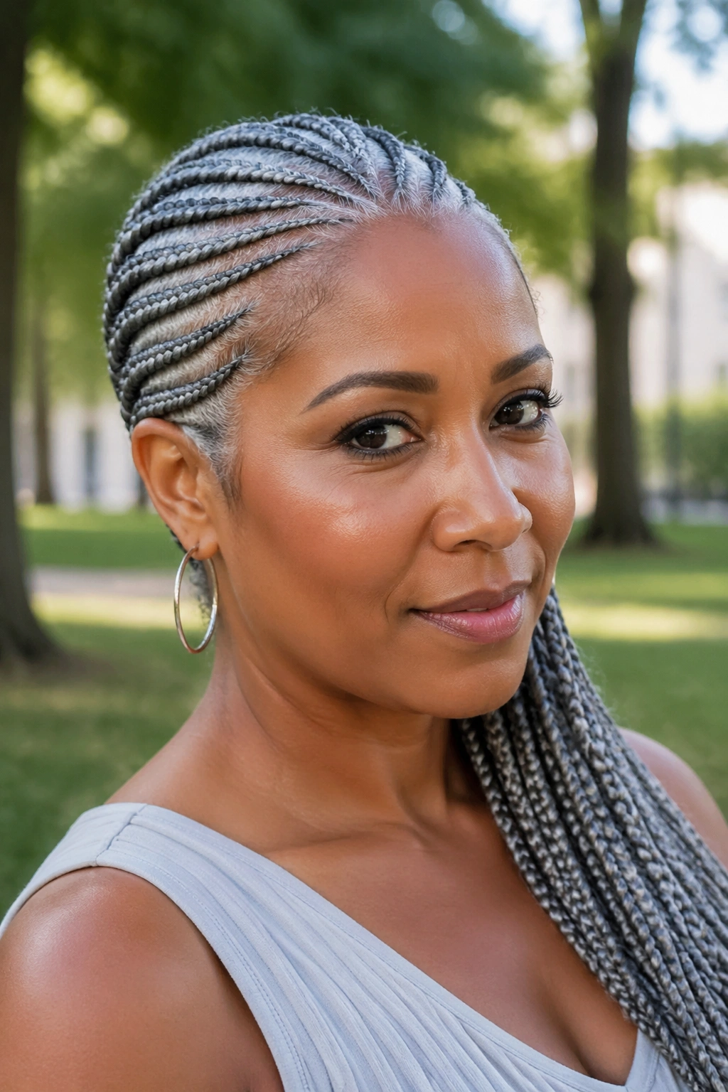 Close-up of a real woman with diagonally swept gray cornrows across the head