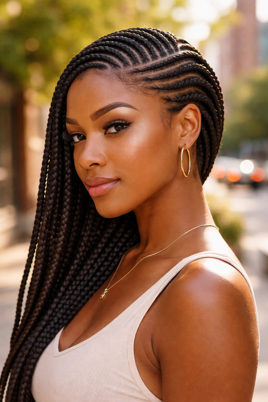 Close-up of a real person with lemonade-inspired diagonal side-swept cornrows.