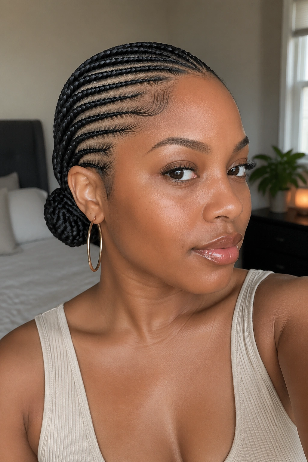 Close-up of cornrows swept to one side into a small bun behind the ear with hoop earrings