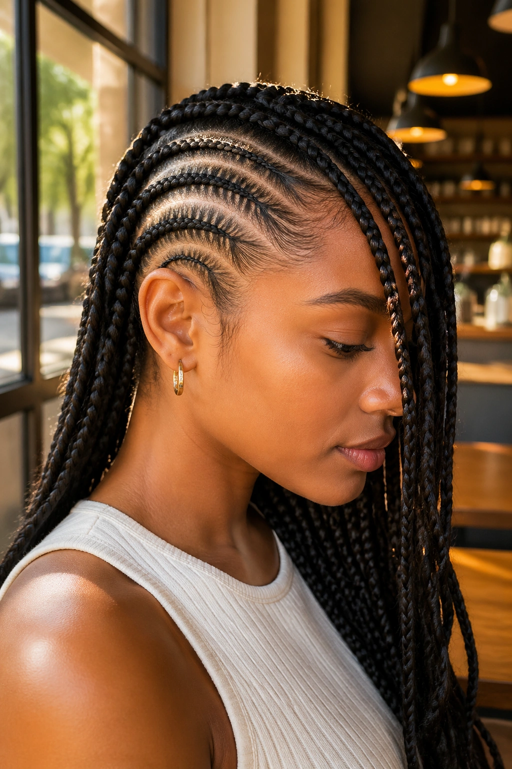 Side profile of a real person with side cornrows and front box braids