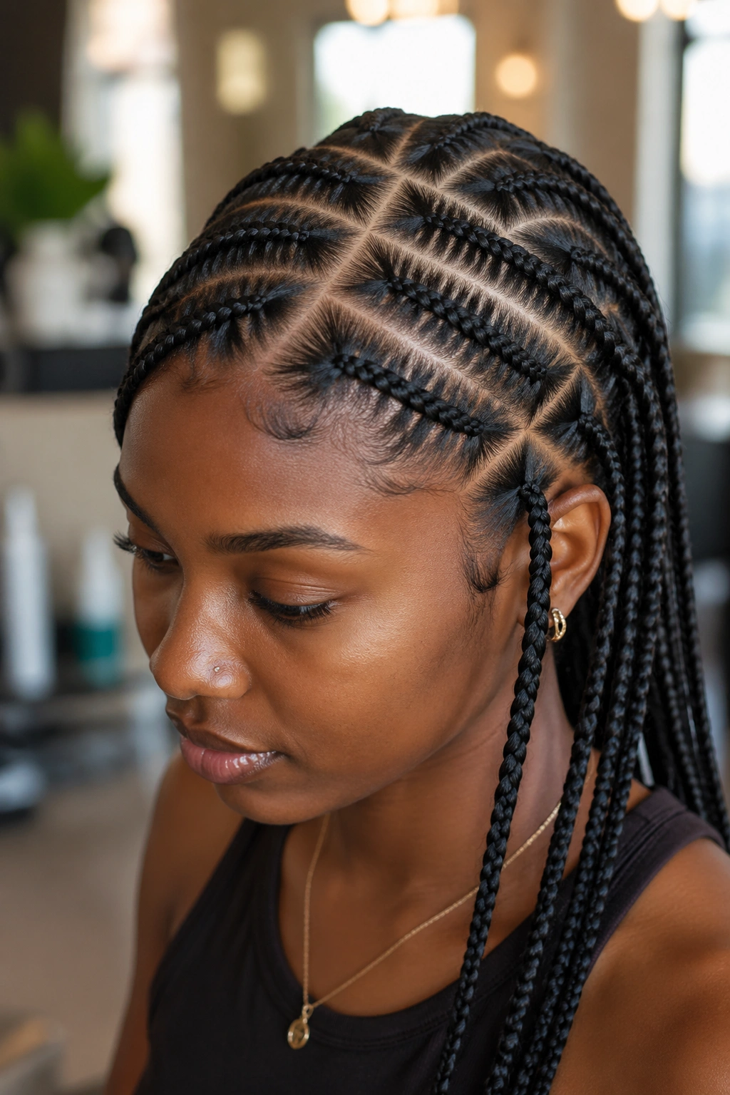 Close-up of a real woman with a bold side part and diagonal criss-cross cornrows