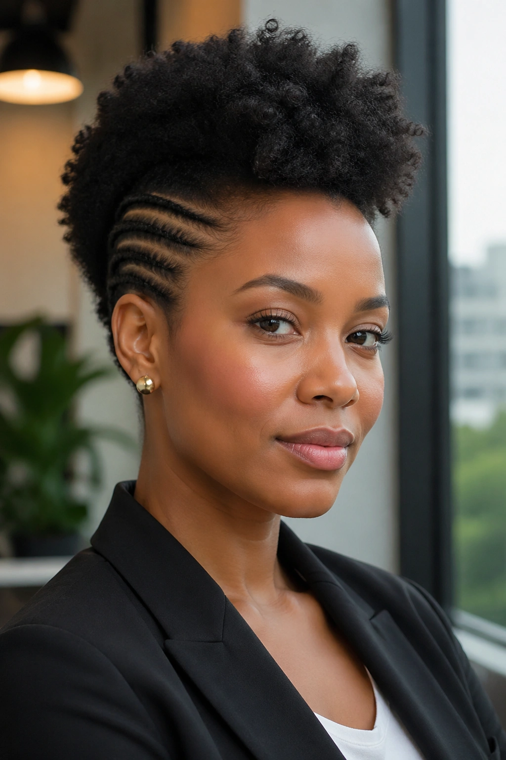 Real woman with cornrowed sides and natural top in an office setting