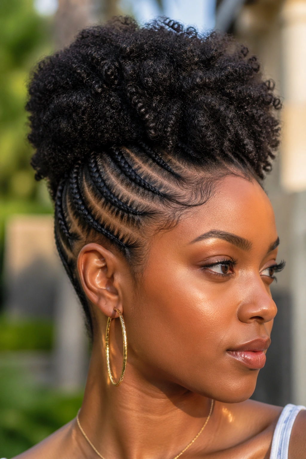 Close-up of a real woman with cornrowed sides and a voluminous puff hairstyle
