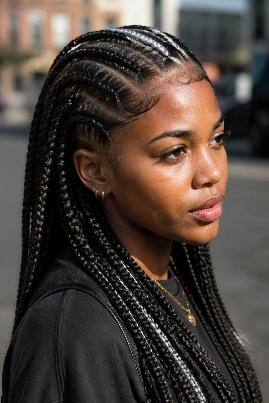 Close-up of a real woman with dark base cornrows and a bold silver center braid