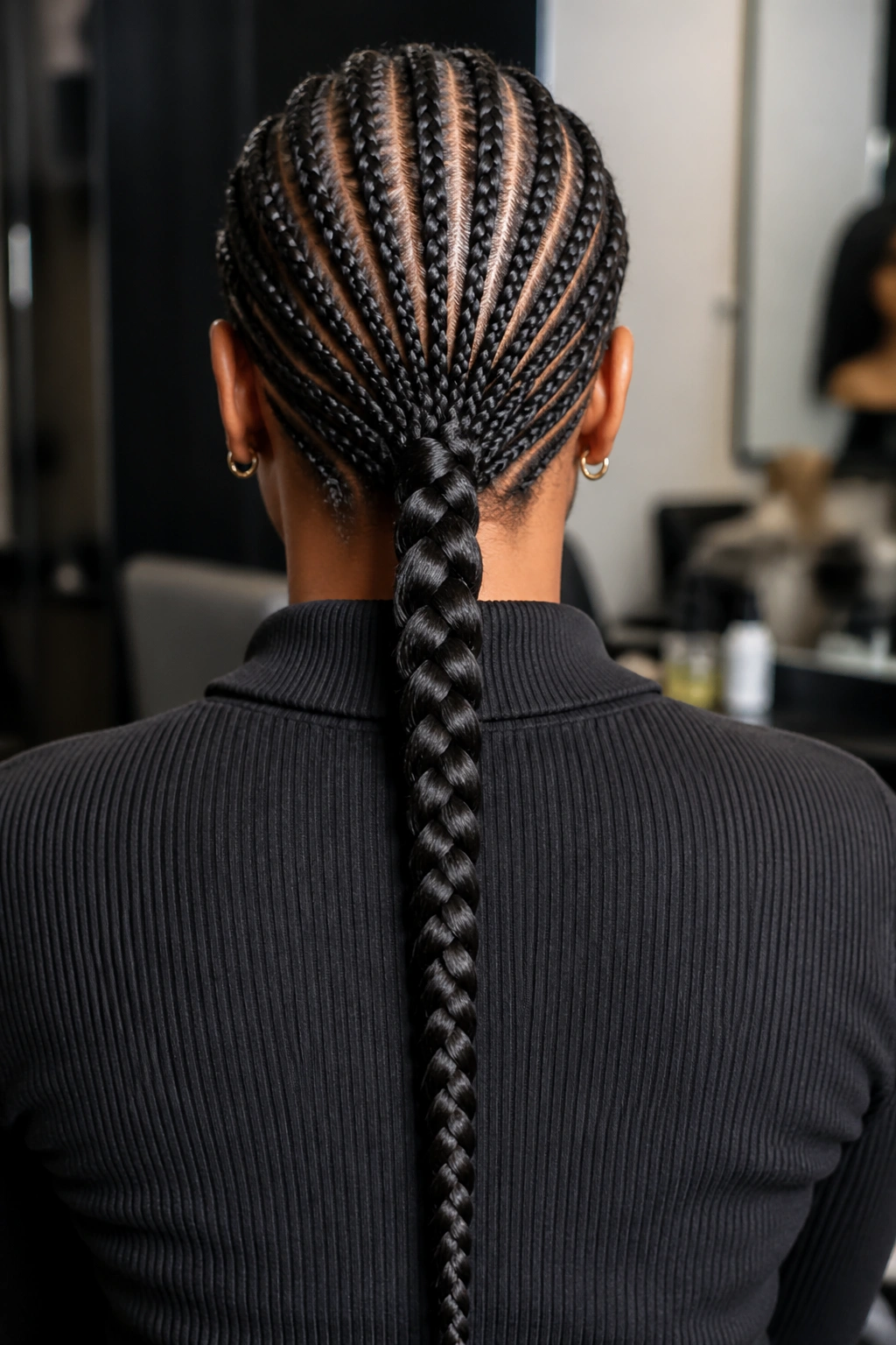 Back view of a real person's head with small cornrows joining into a single long braid.