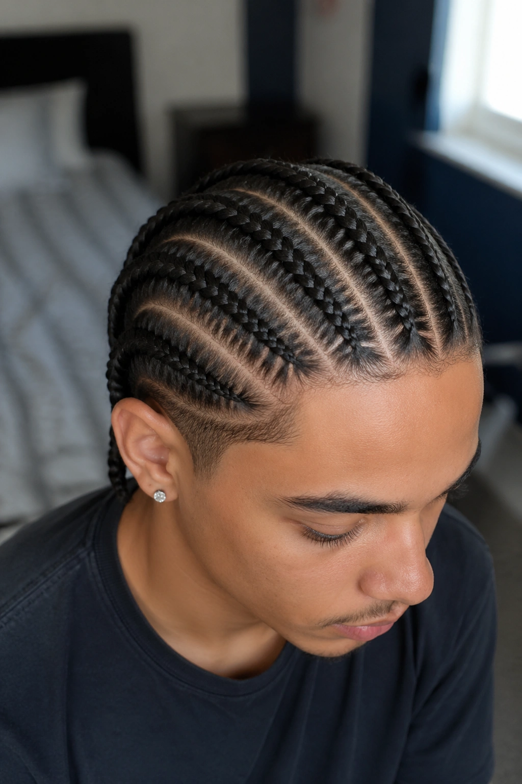 Close-up of a real person with six straight-back cornrows
