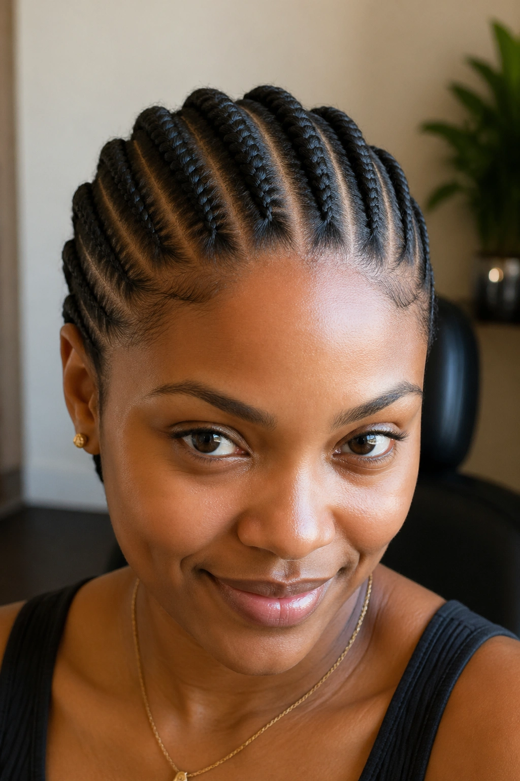 Close-up portrait of a real Black woman with six straight-back cornrows