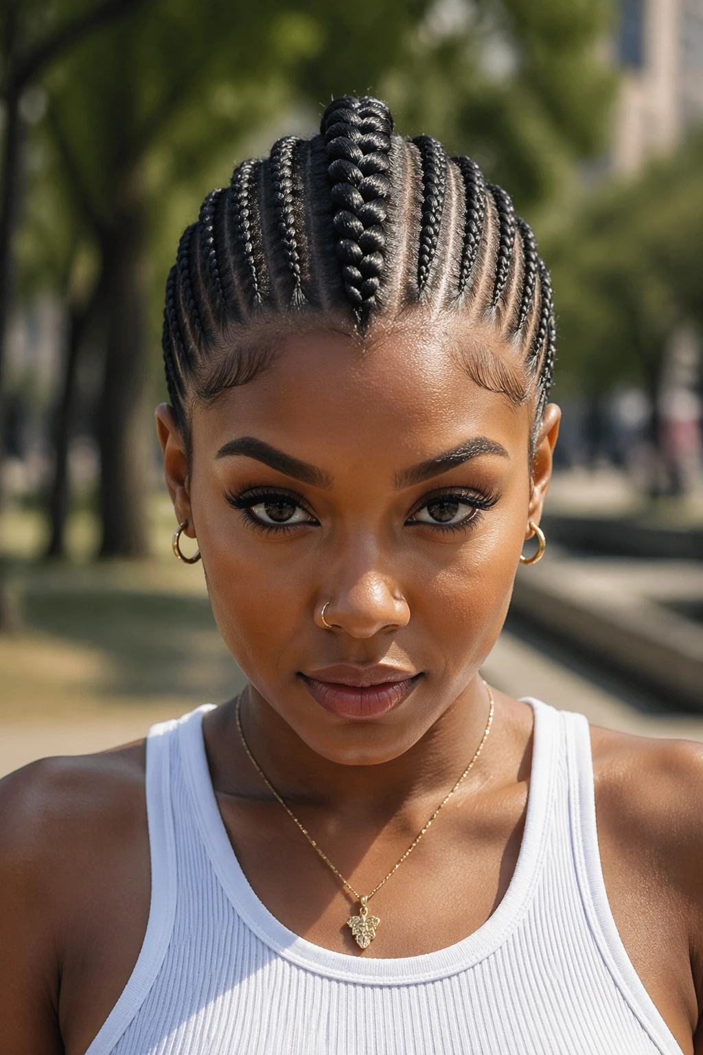 Close-up of small cornrows with a chunky middle spine braid