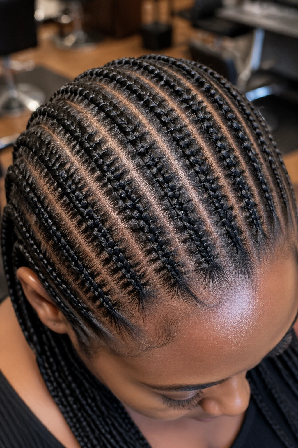 Close-up of stitch-detail cornrows with knit-like ridges on a real head