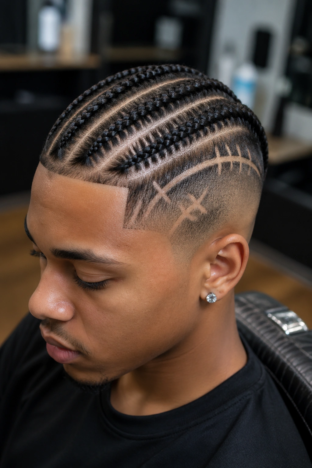 Close-up portrait of a real person with stitch details on braided and shaved sides.