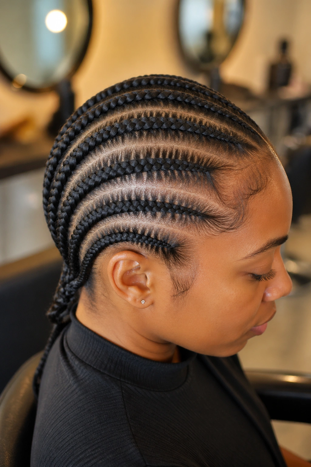 Close-up of a real woman with straight-back cornrows in a warm-lit salon