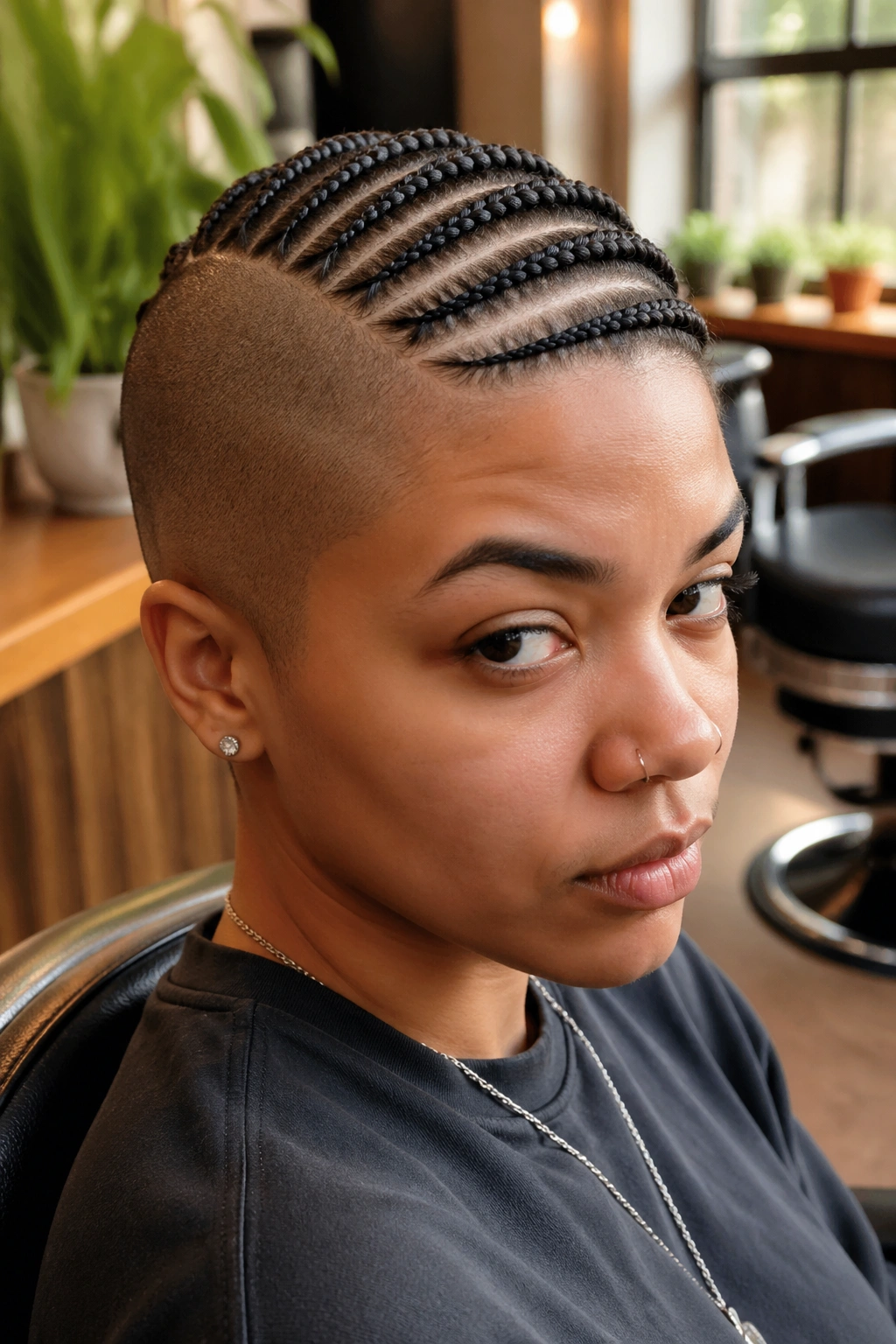 Close-up portrait of straight-back cornrows with a full shaved side on a real person