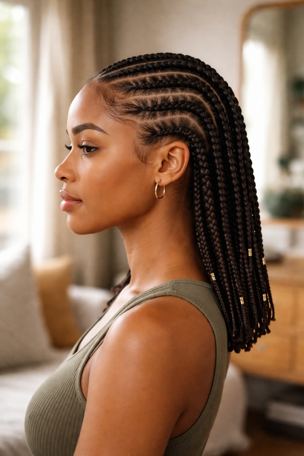 Portrait of real person wearing straight-back cornrows in side profile.