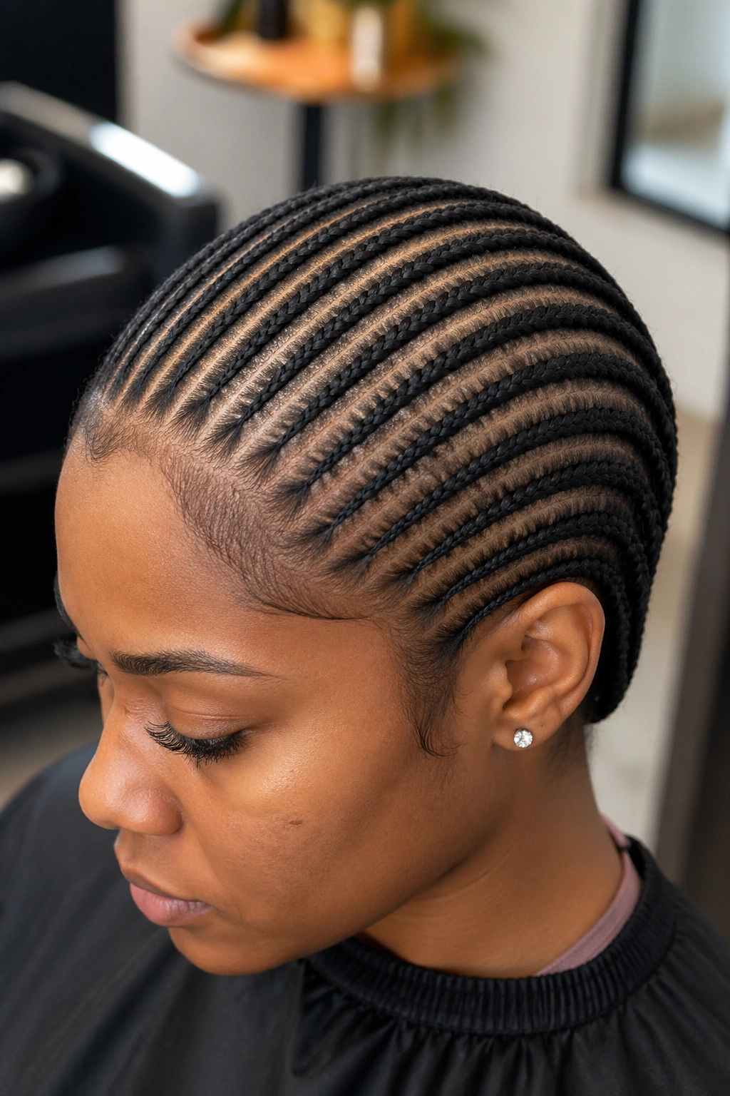 Close-up of a real woman with twelve thin straight-back cornrows