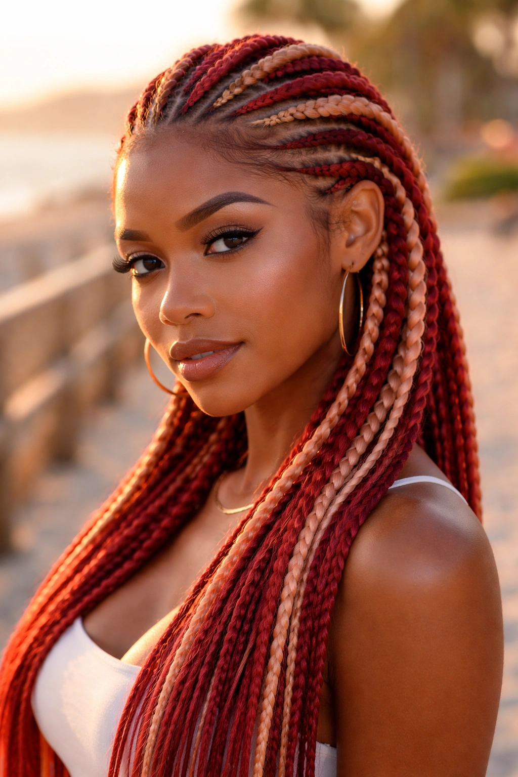 Close-up of strawberry blonde and red mixed cornrows on a real person