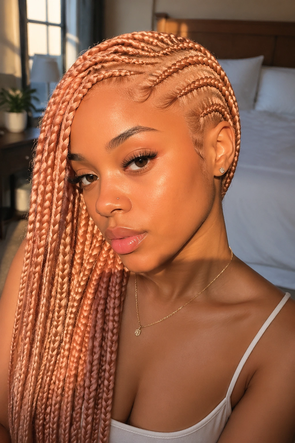 Close-up portrait of side-swept stitch cornrows in strawberry blonde under warm golden-hour light