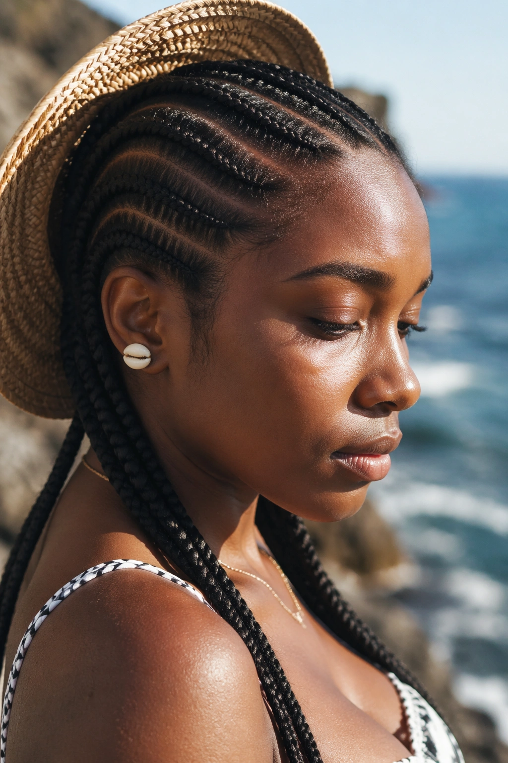 Close-up of cornrows in sun with beach background and hat.