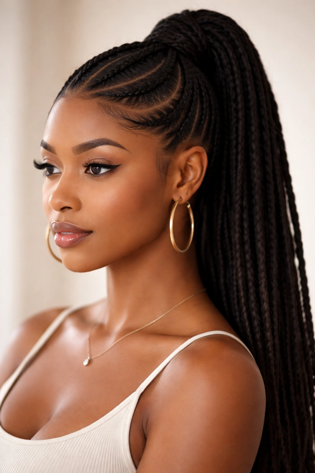 Two curved front cornrows converge into a single ponytail.