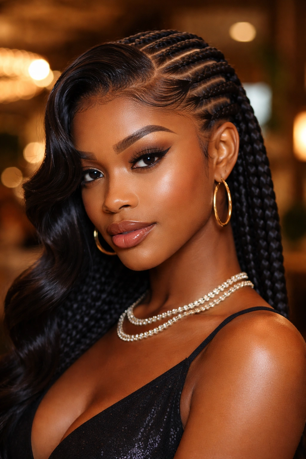 Portrait of cornrows with a swoopy front framing the face.