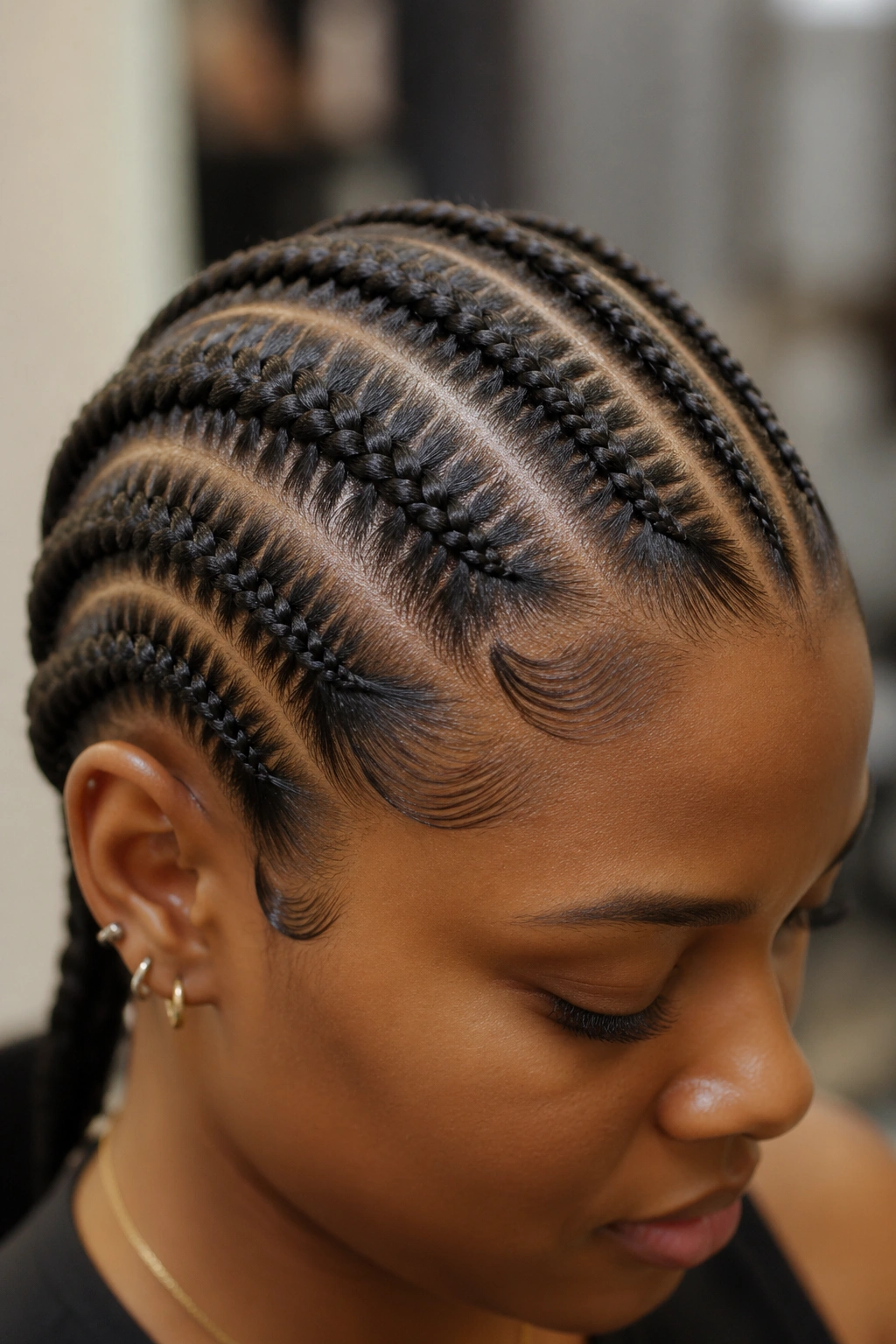 Close-up of cornrows demonstrating under-braid technique on real head