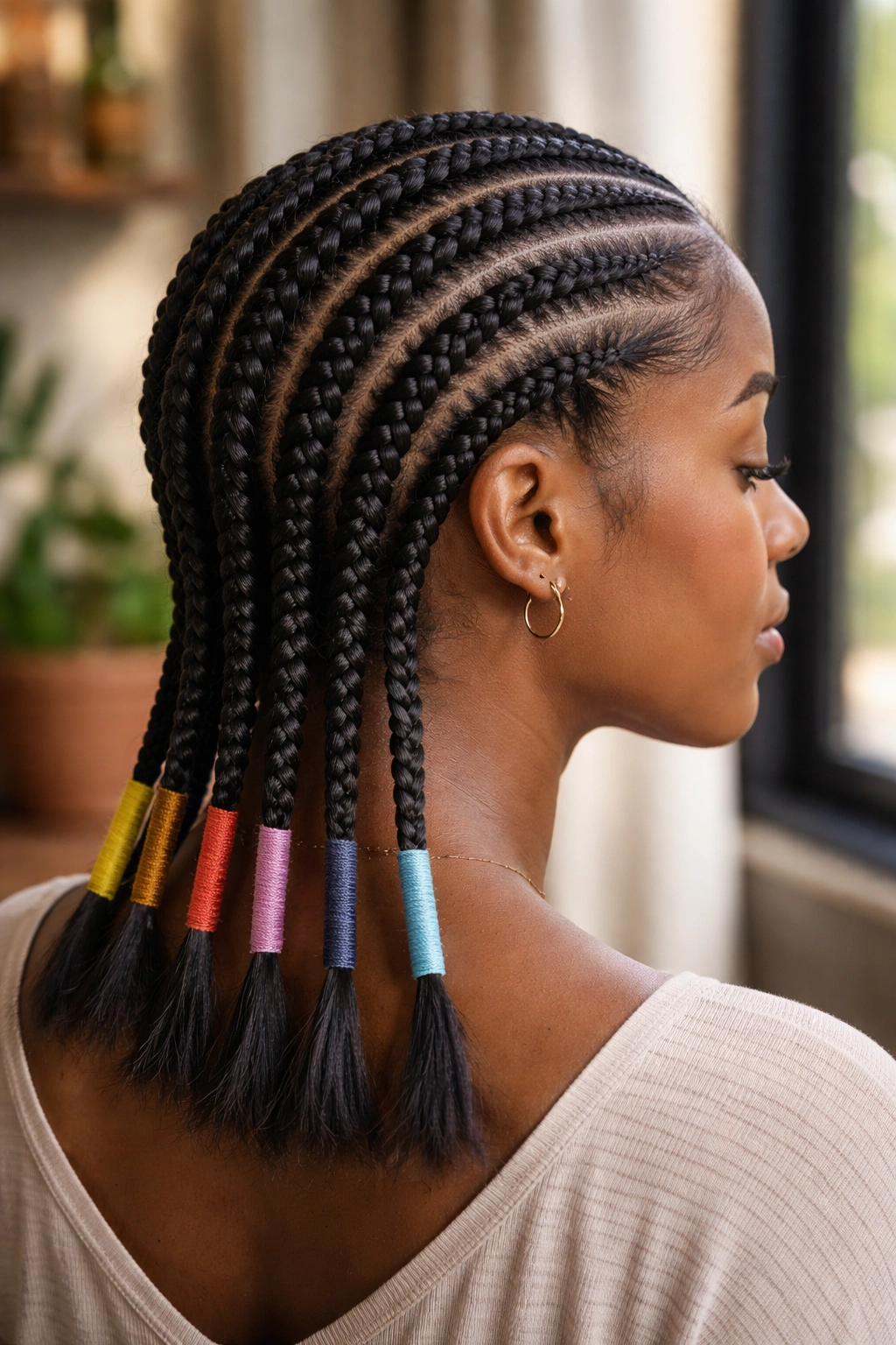 Close-up of six cornrows with thread-wrapped ends on a real person