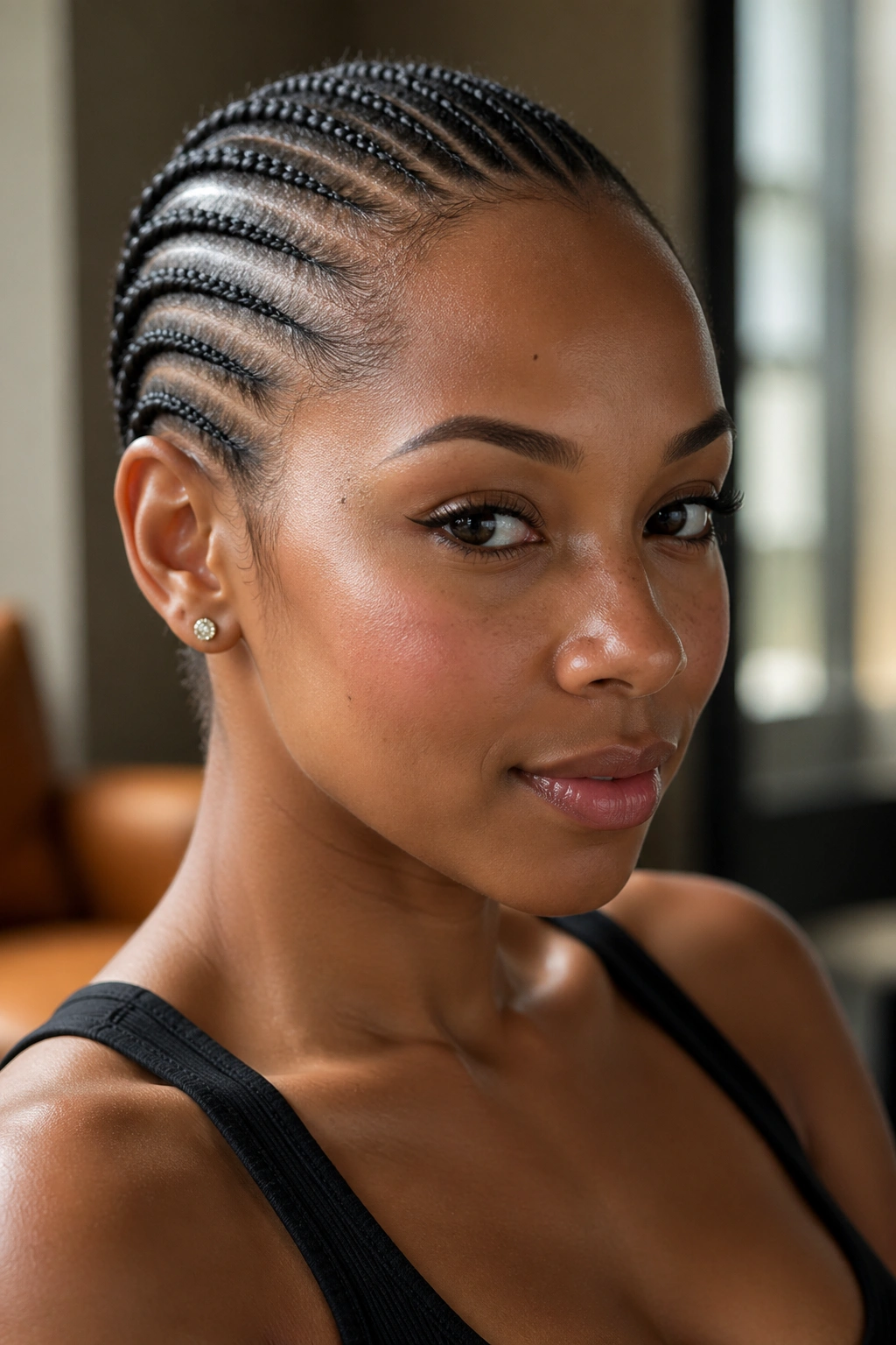 Portrait of a woman with all-back cornrows from hairline to nape in natural light