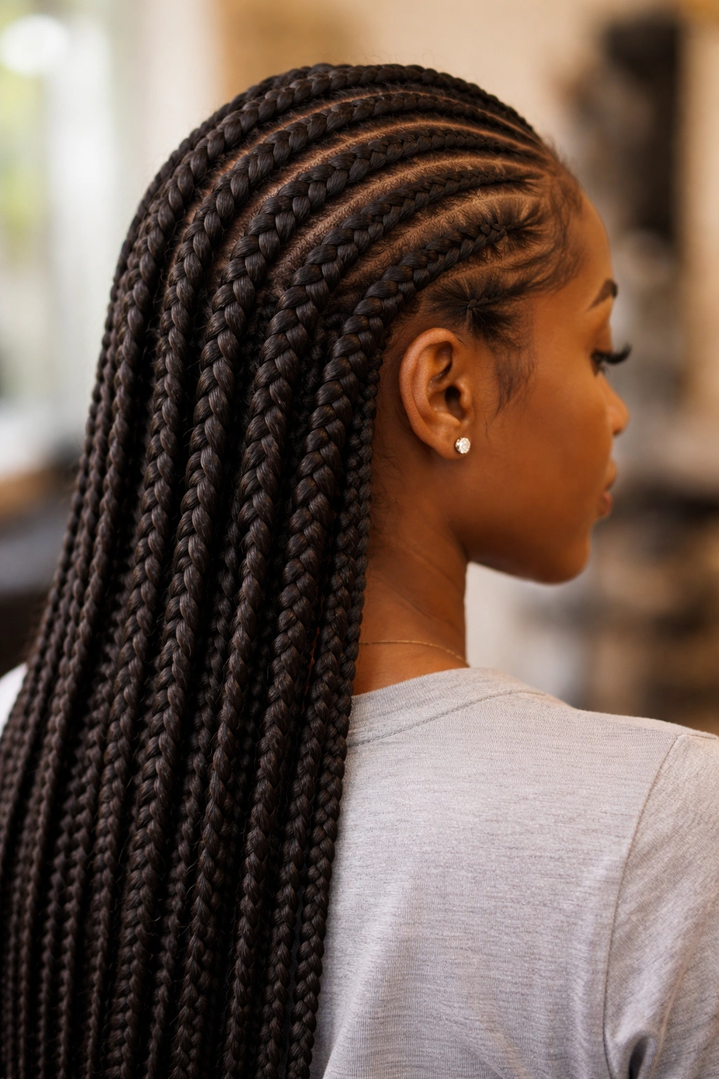 Close-up showing transition from cornrows to box braids at the crown.