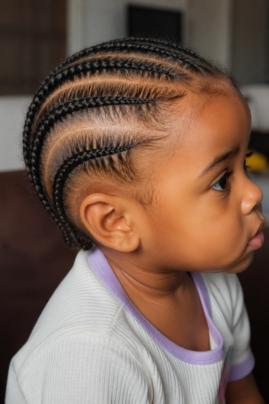 Close-up side profile of a toddler showing small cornrows