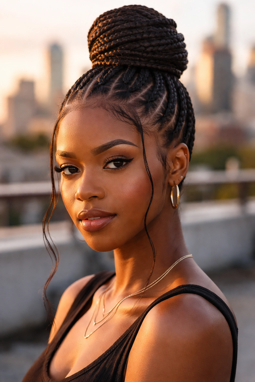 Cornrows gathered into a high top knot on a real person.
