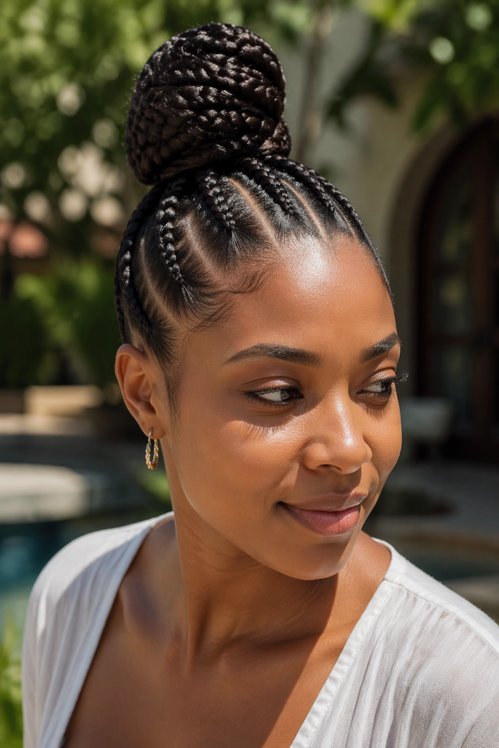 Close-up of a real woman with a cornrow top knot in sunny outdoor courtyard