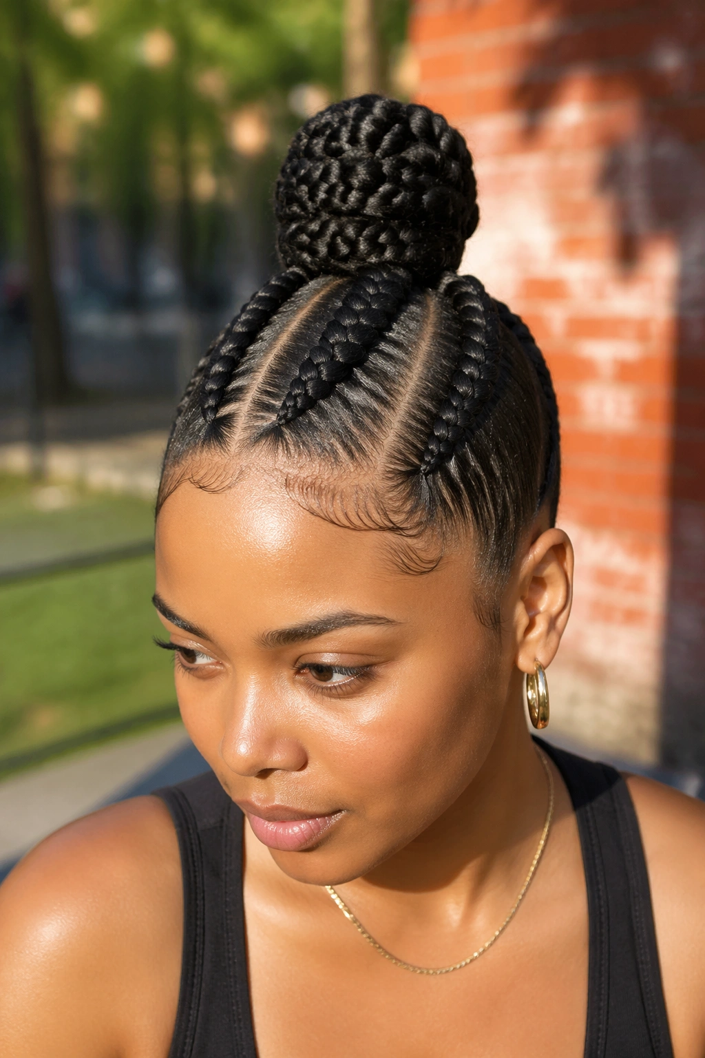 Close-up of a person with three chunky cornrows into a high topknot at the crown