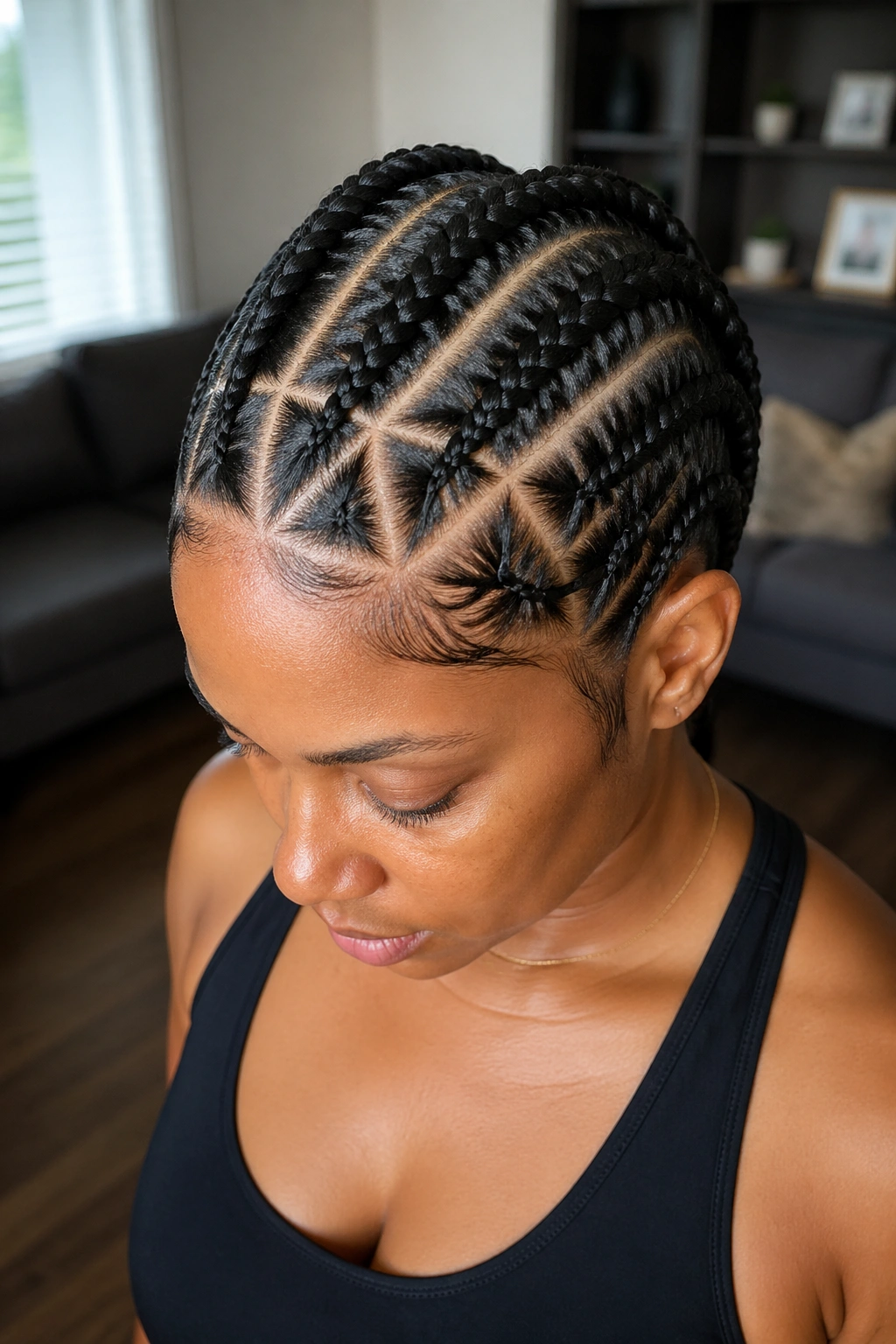 Close-up of a person with four cornrows and triangle part grid