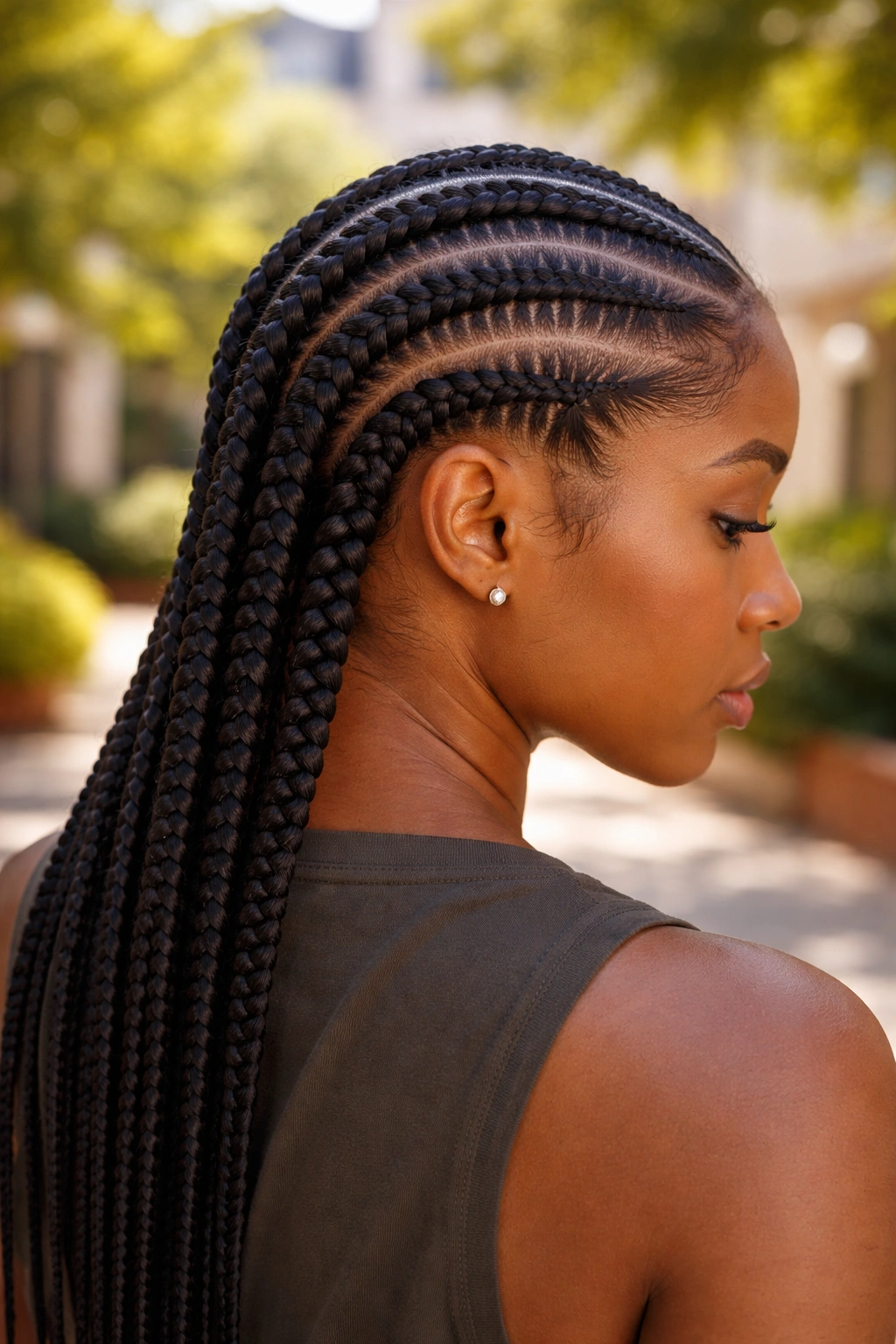 Close-up of a real person with six cornrows featuring tribal stitch details