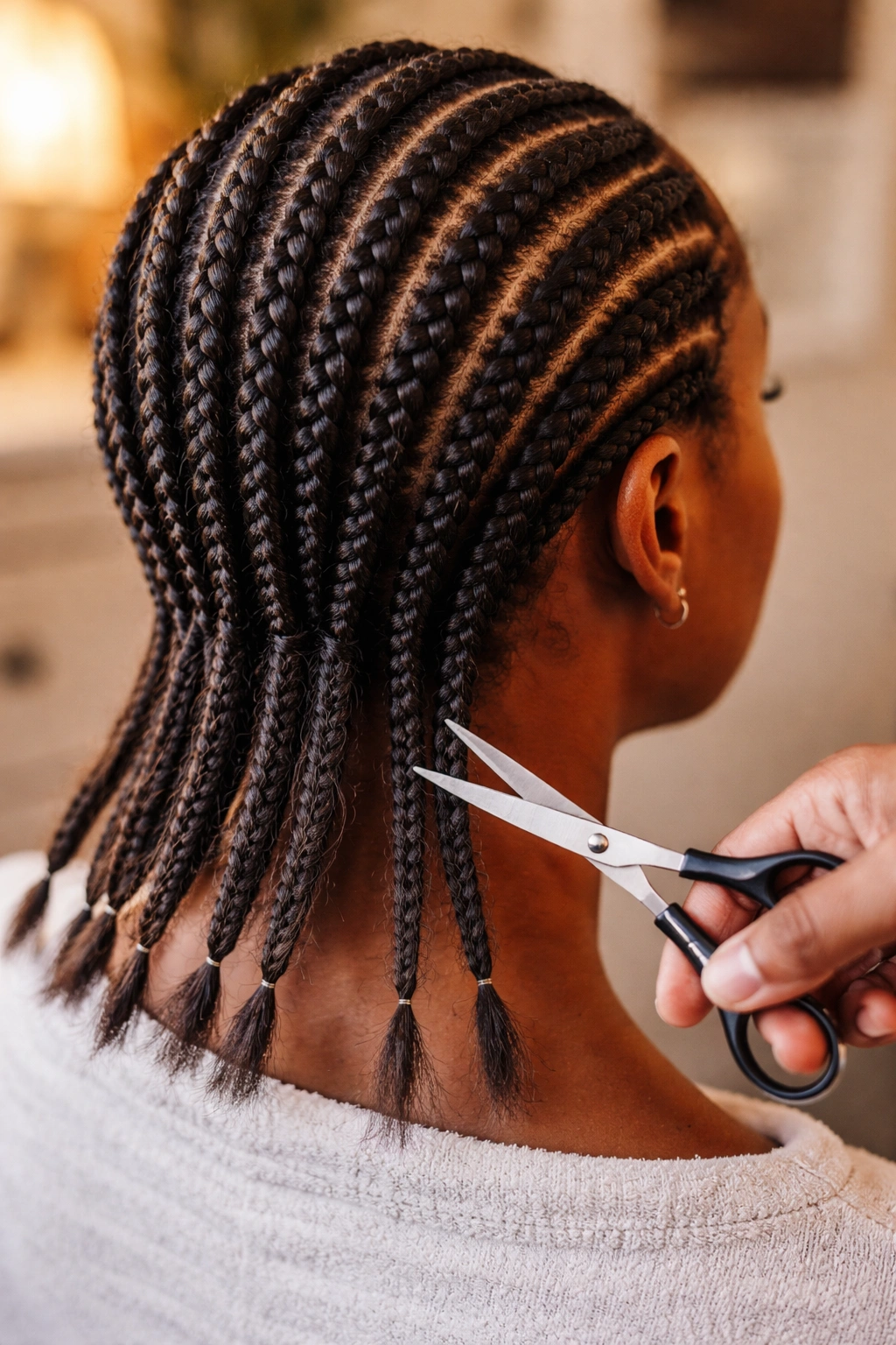 Close-up of cornrows with trimming preparation in a home salon