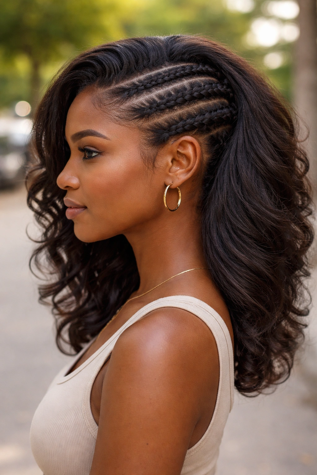 Close-up portrait of a real person with three cornrows and a side-swept tuck