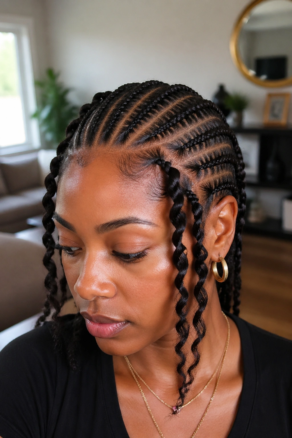 Real woman with cornrows and twist accent sections near temples