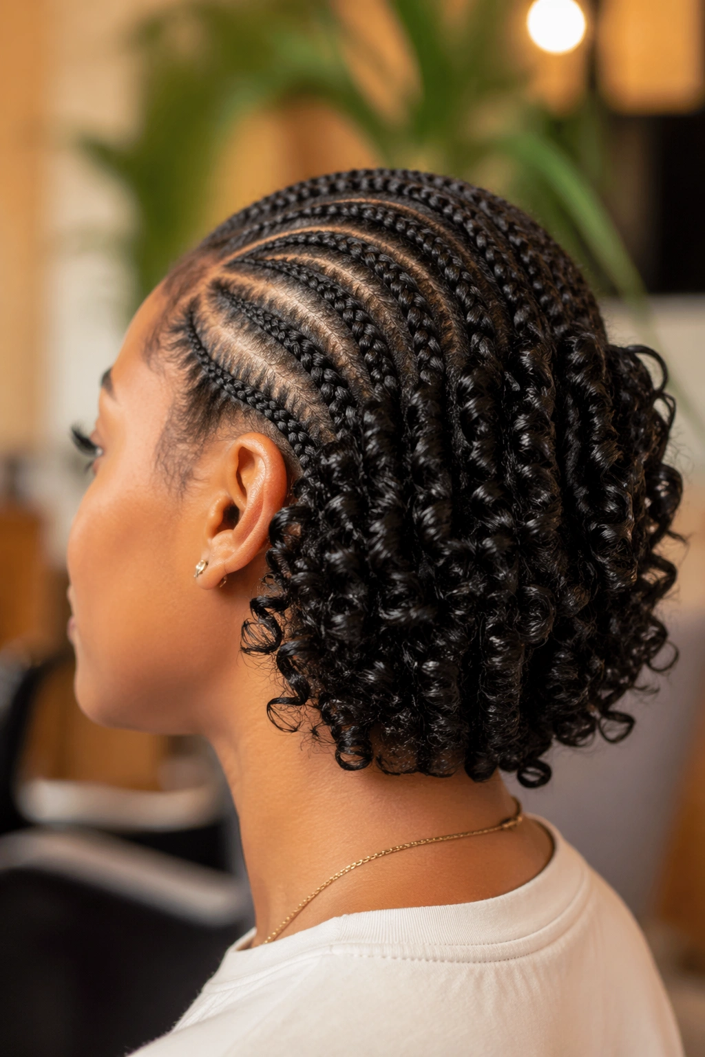 Real person with crown cornrows and twist-out visible at the back